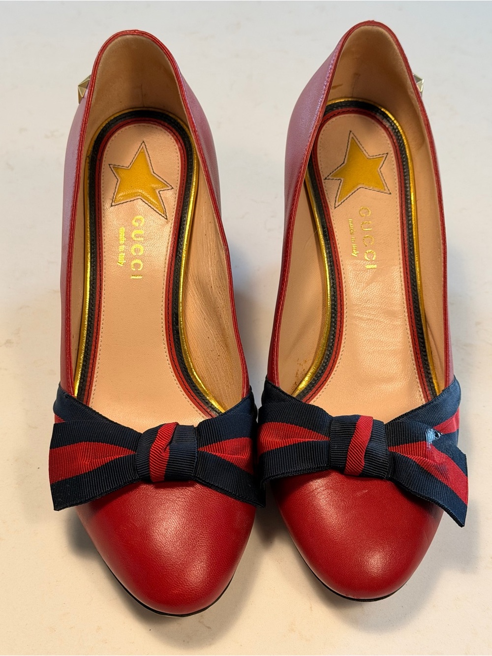 Gucci Red Leather Pumps with Navy & Red Bow